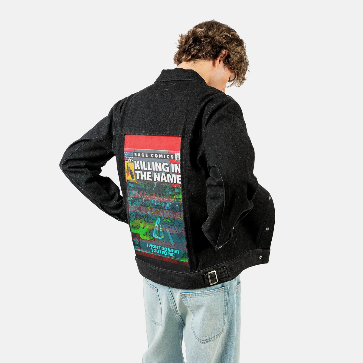 killinginthename patch on male og denim jacket in raven