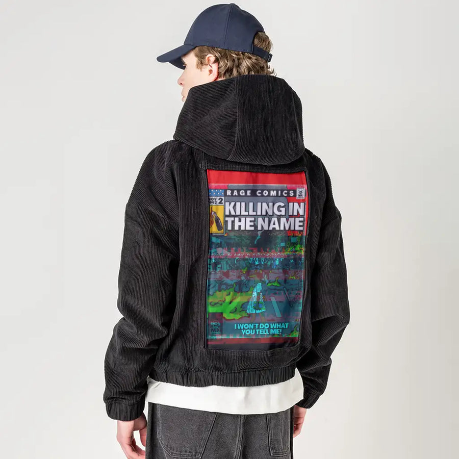 killinginthename patch on male retro cord hoodie in onyx