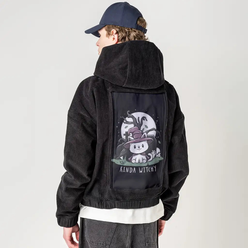 kindawitchy patch on male retro cord hoodie in onyx