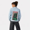 kindestregards patch on female og denim jacket in oceanside