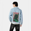 kindestregards patch on male og denim jacket in oceanside
