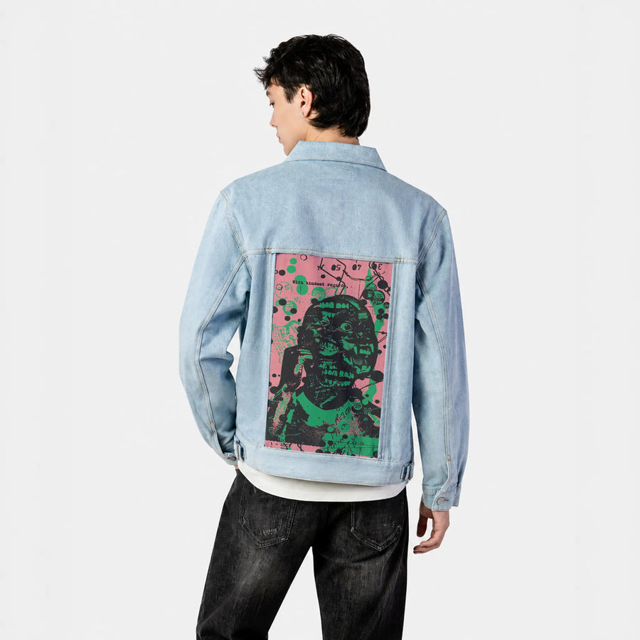 kindestregards patch on male og denim jacket in oceanside