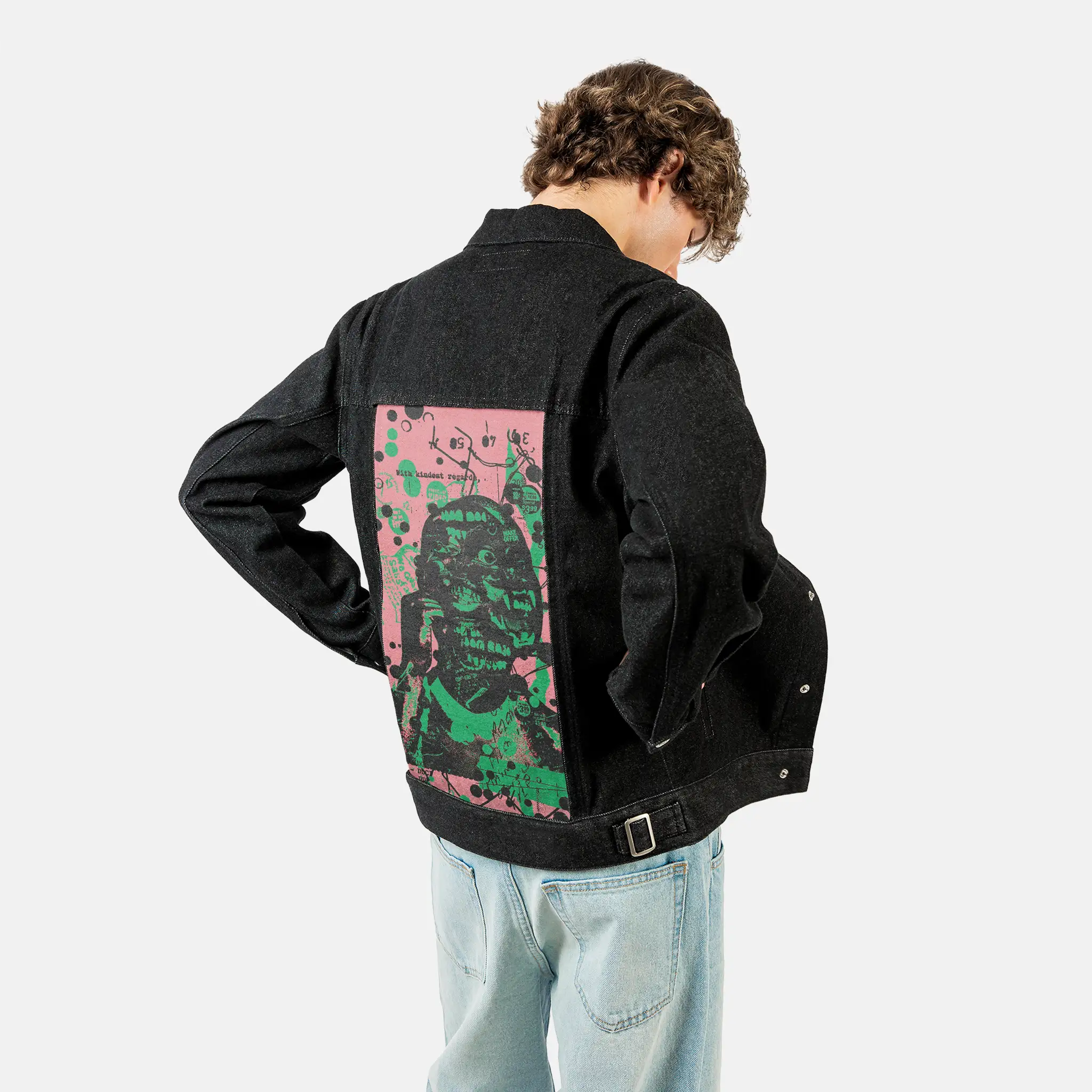 kindestregards patch on male og denim jacket in raven