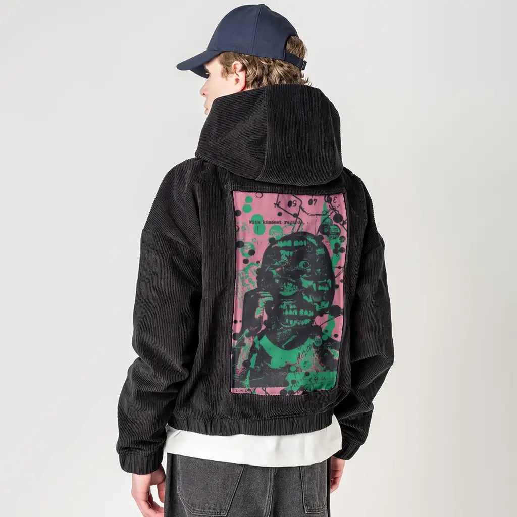kindestregards patch on male retro cord hoodie in onyx