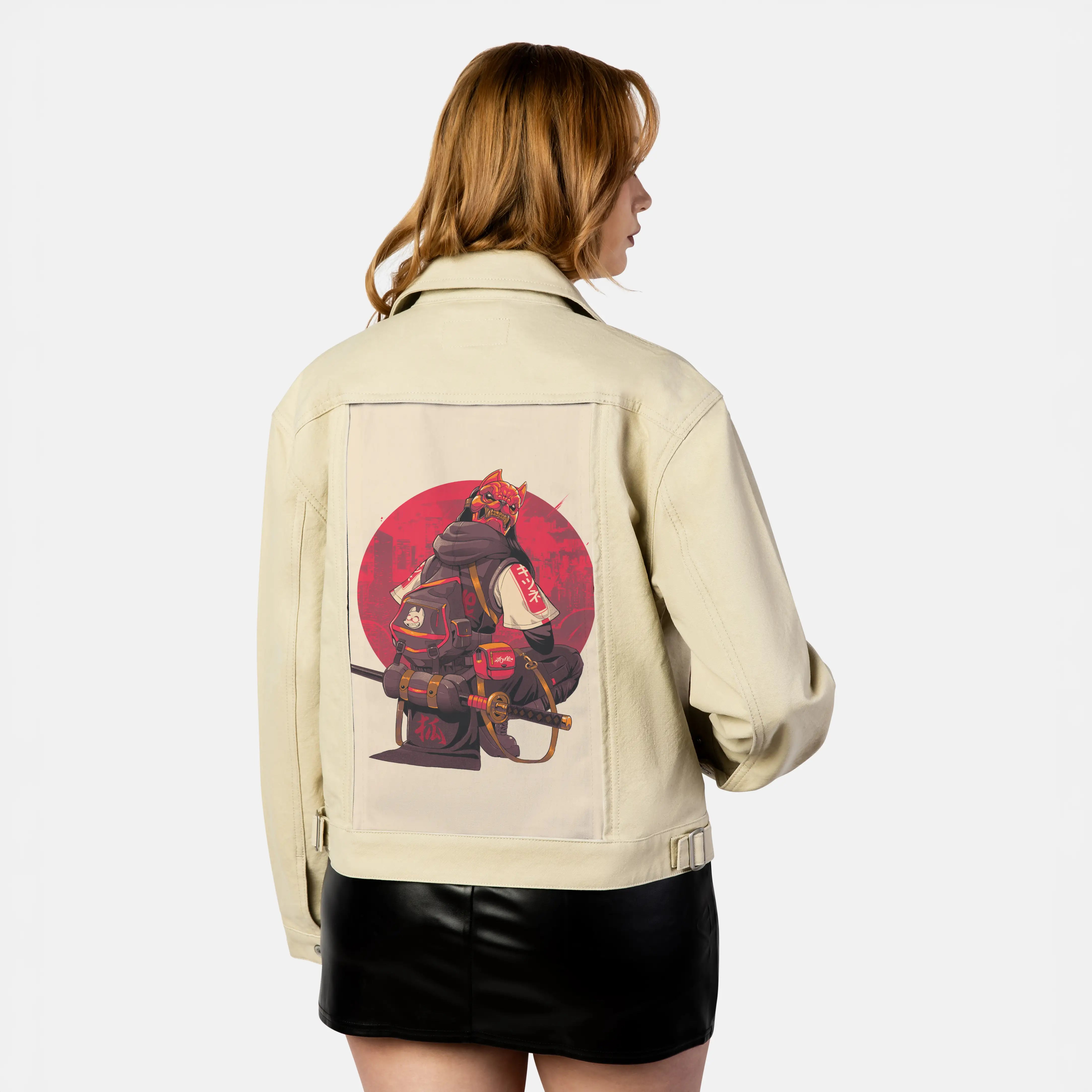 kitsunesamurai patch on female atelier canvas jacket in tan