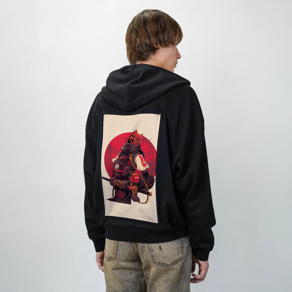 kitsunesamurai patch on male essential zip hoodie in after hours
