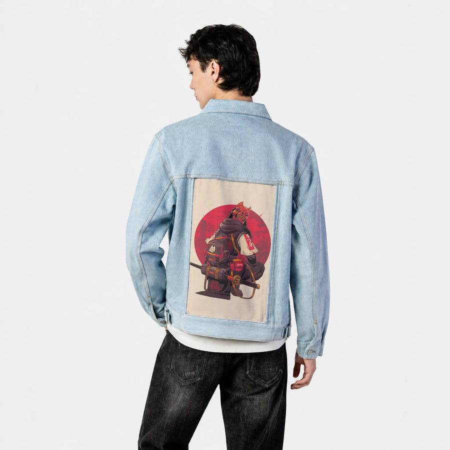 kitsunesamurai patch on male og denim jacket in oceanside