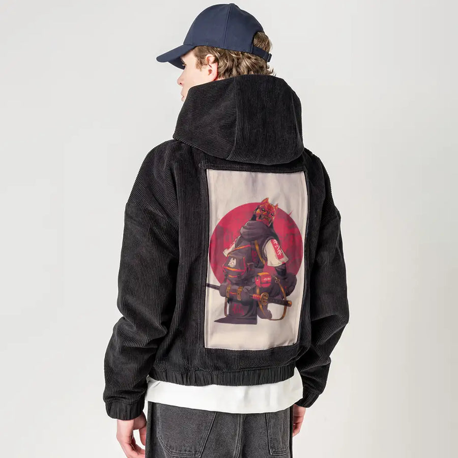 kitsunesamurai patch on male retro cord hoodie in onyx