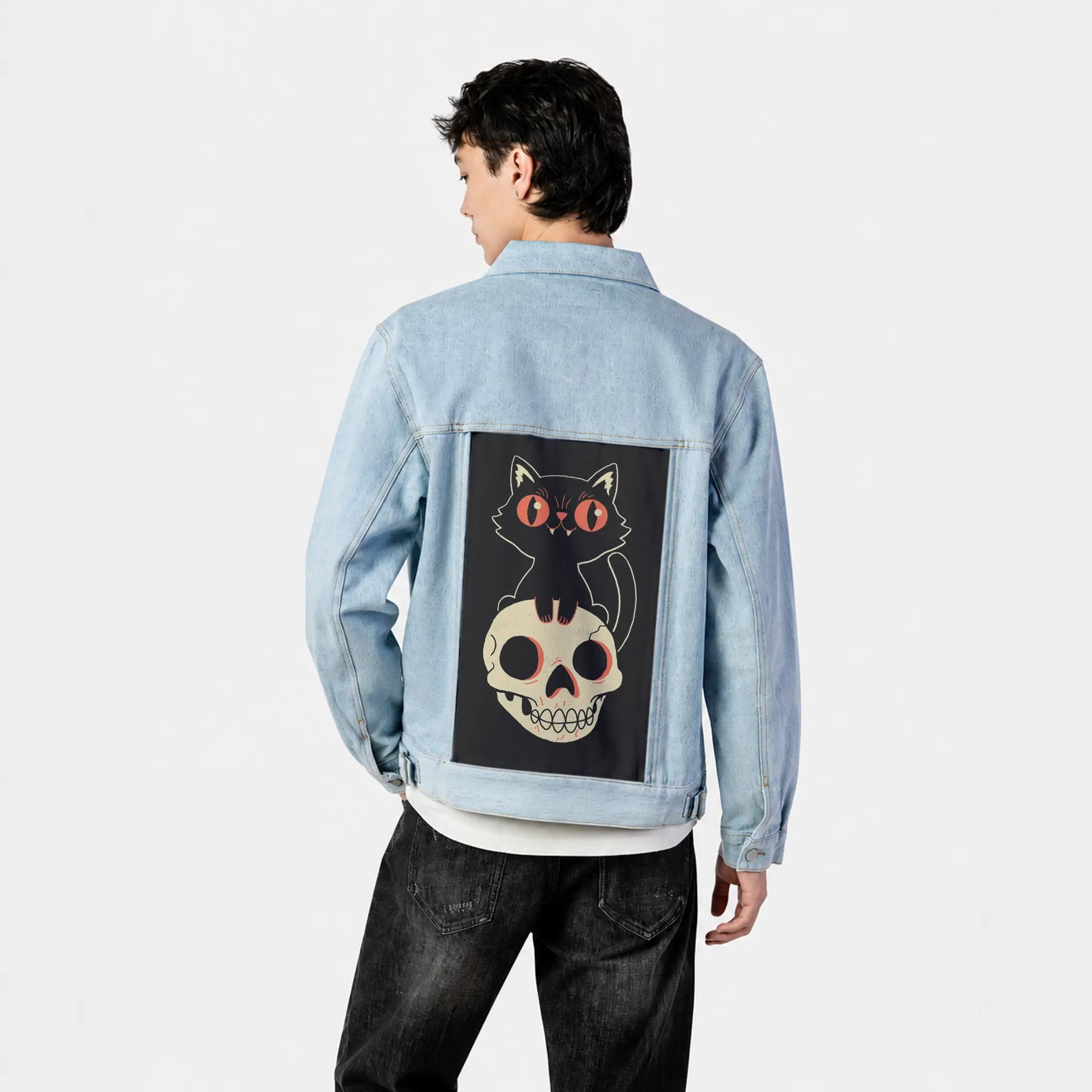 kittyskull patch on male og denim jacket in oceanside