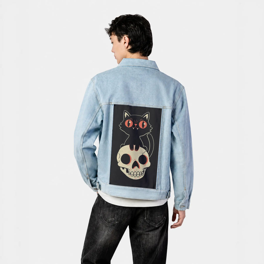 kittyskull patch on male og denim jacket in oceanside