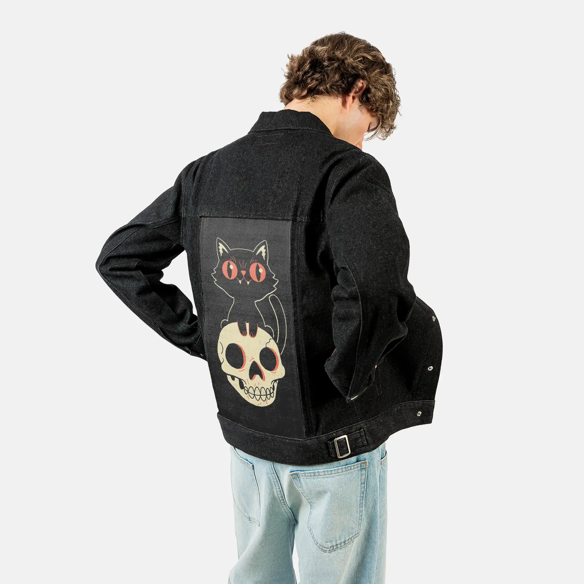 kittyskull patch on male og denim jacket in raven