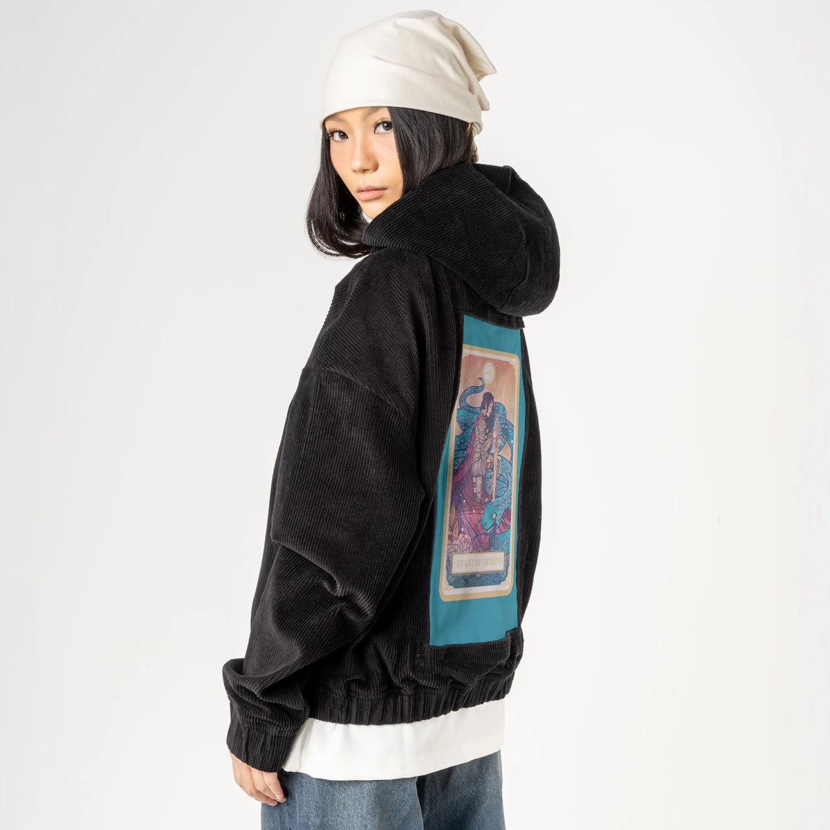 knightofswords patch on female retro cord hoodie in onyx