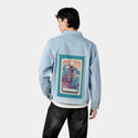 knightofswords patch on male og denim jacket in oceanside