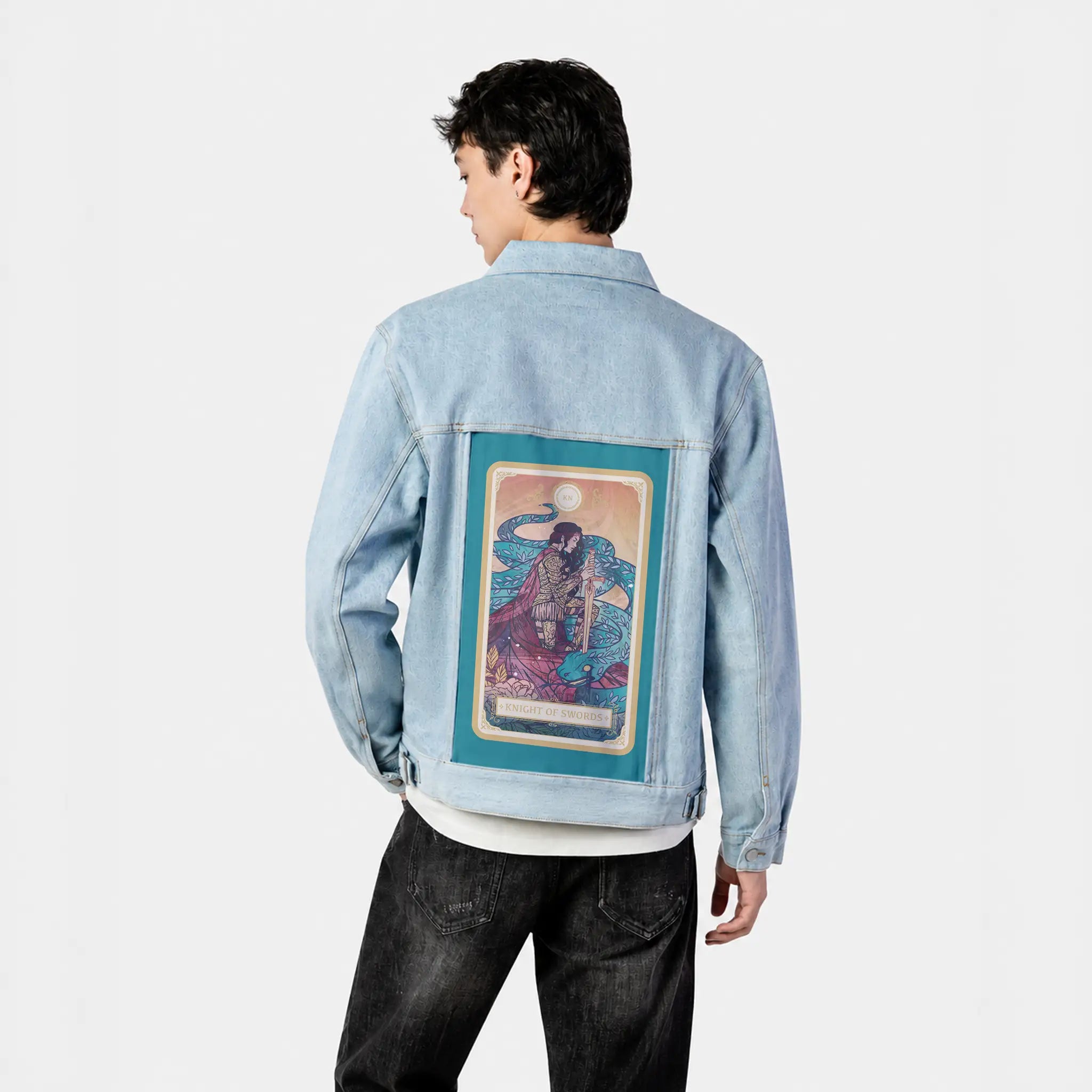 knightofswords patch on male og denim jacket in oceanside