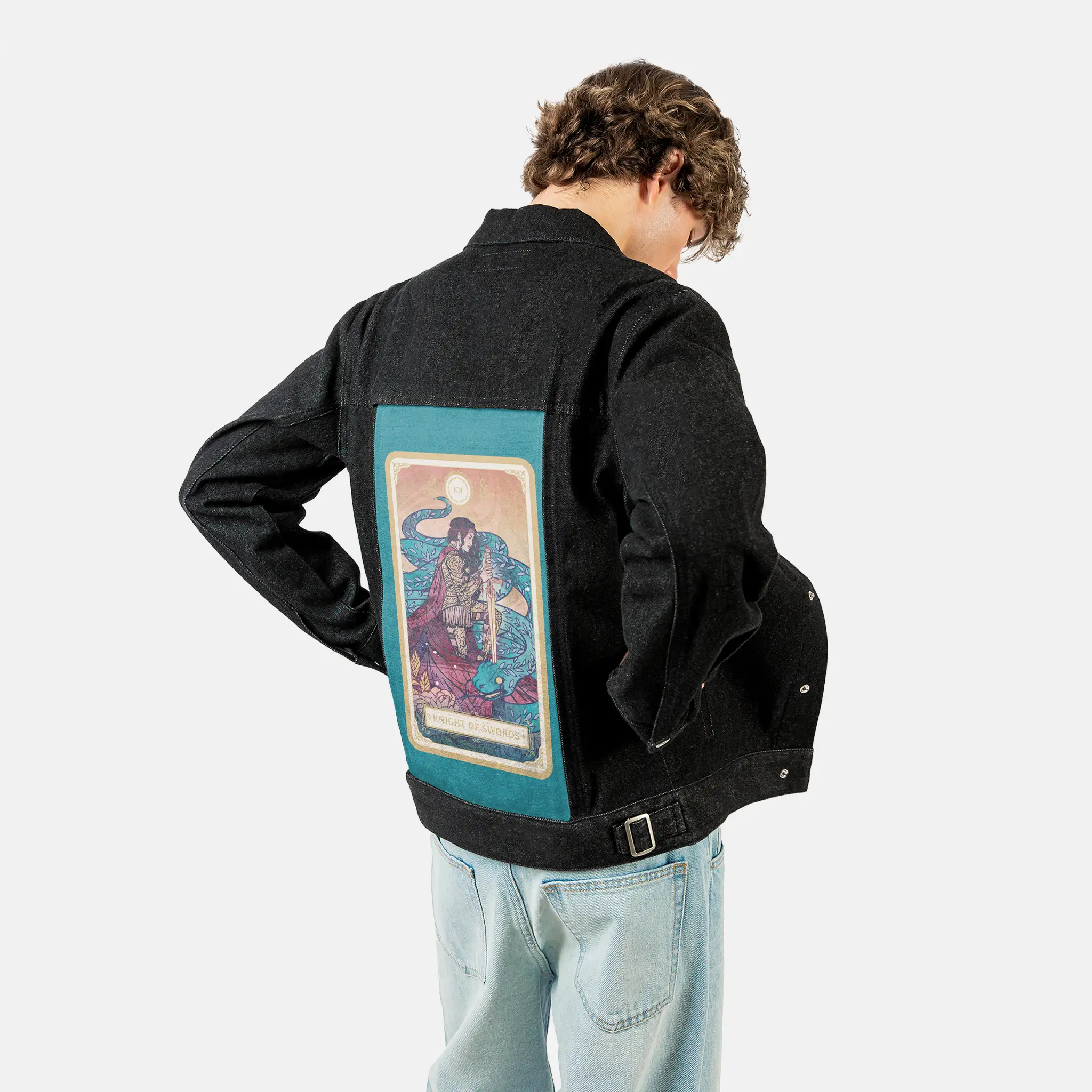 knightofswords patch on male og denim jacket in raven