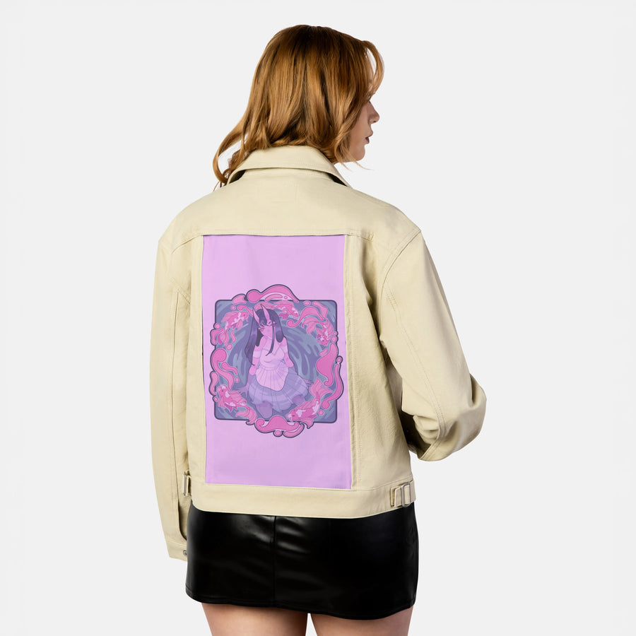 koi patch on female atelier canvas jacket in tan