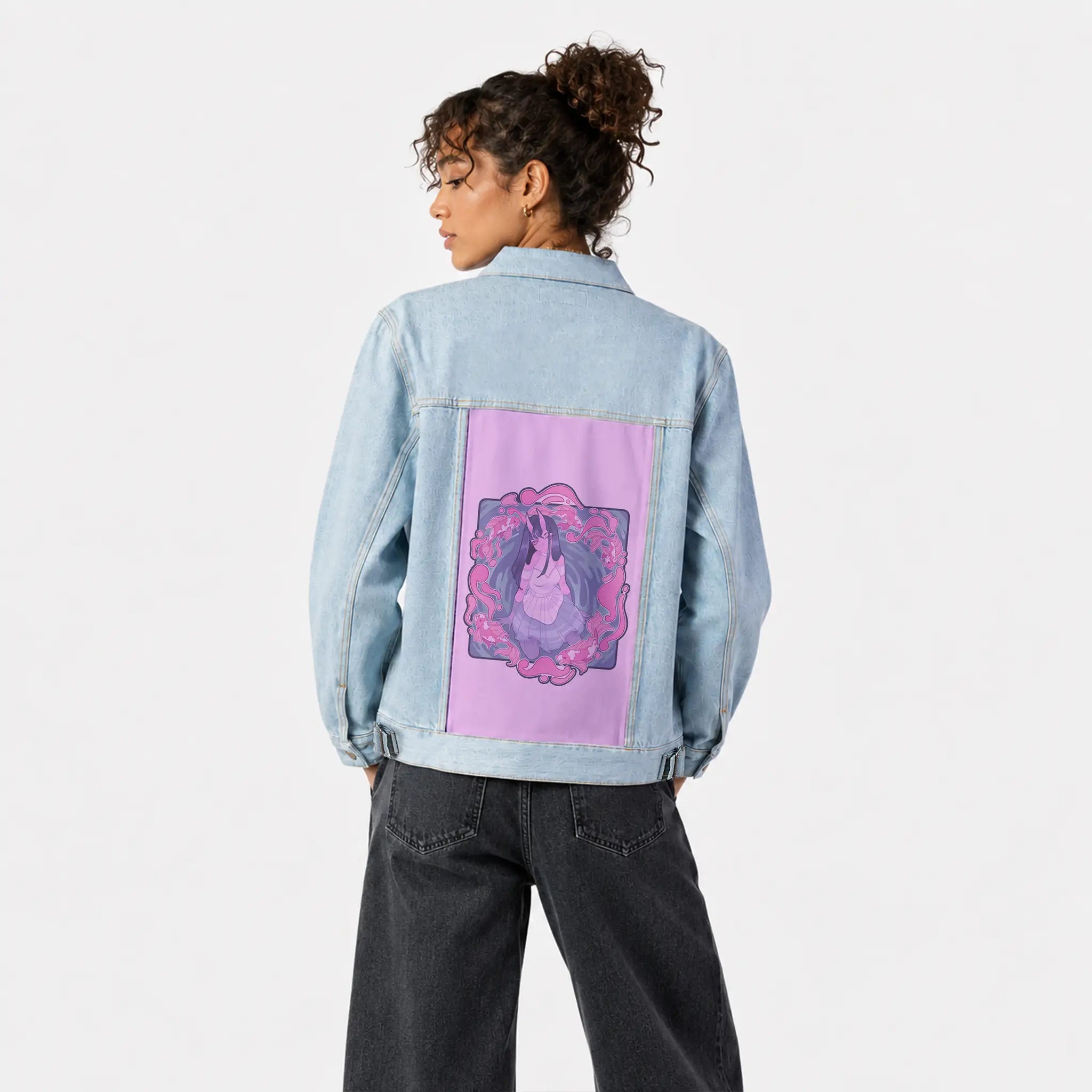 koi patch on female og denim jacket in oceanside