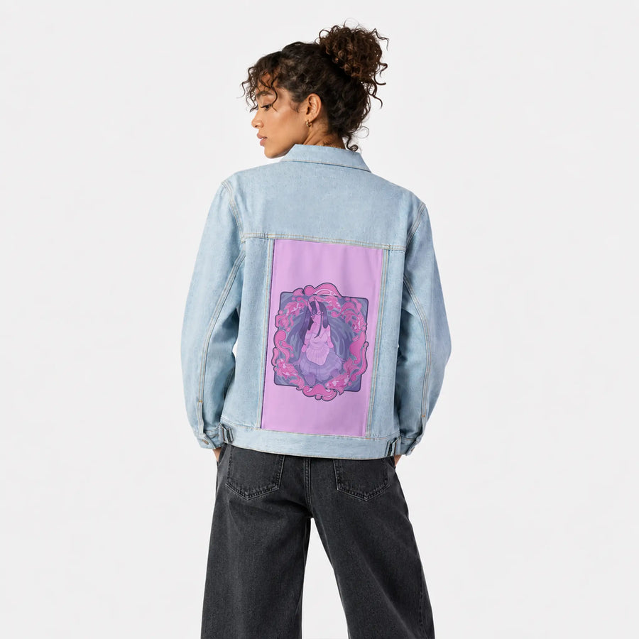 koi patch on female og denim jacket in oceanside