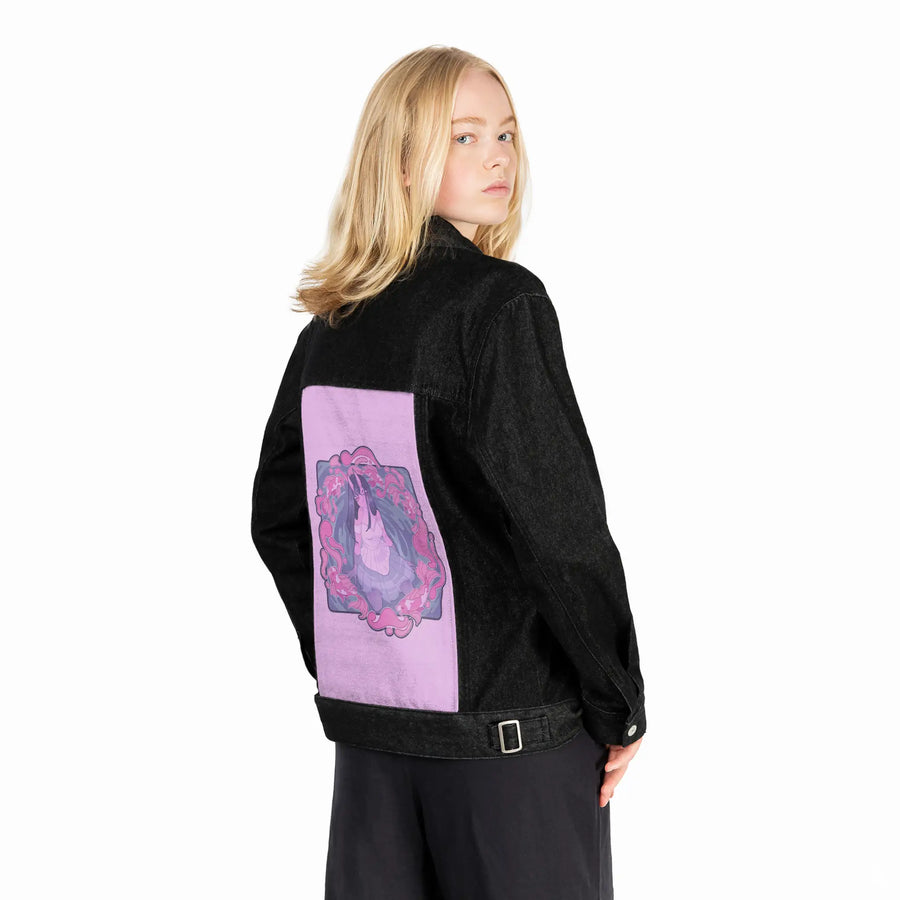 koi patch on female og denim jacket in raven
