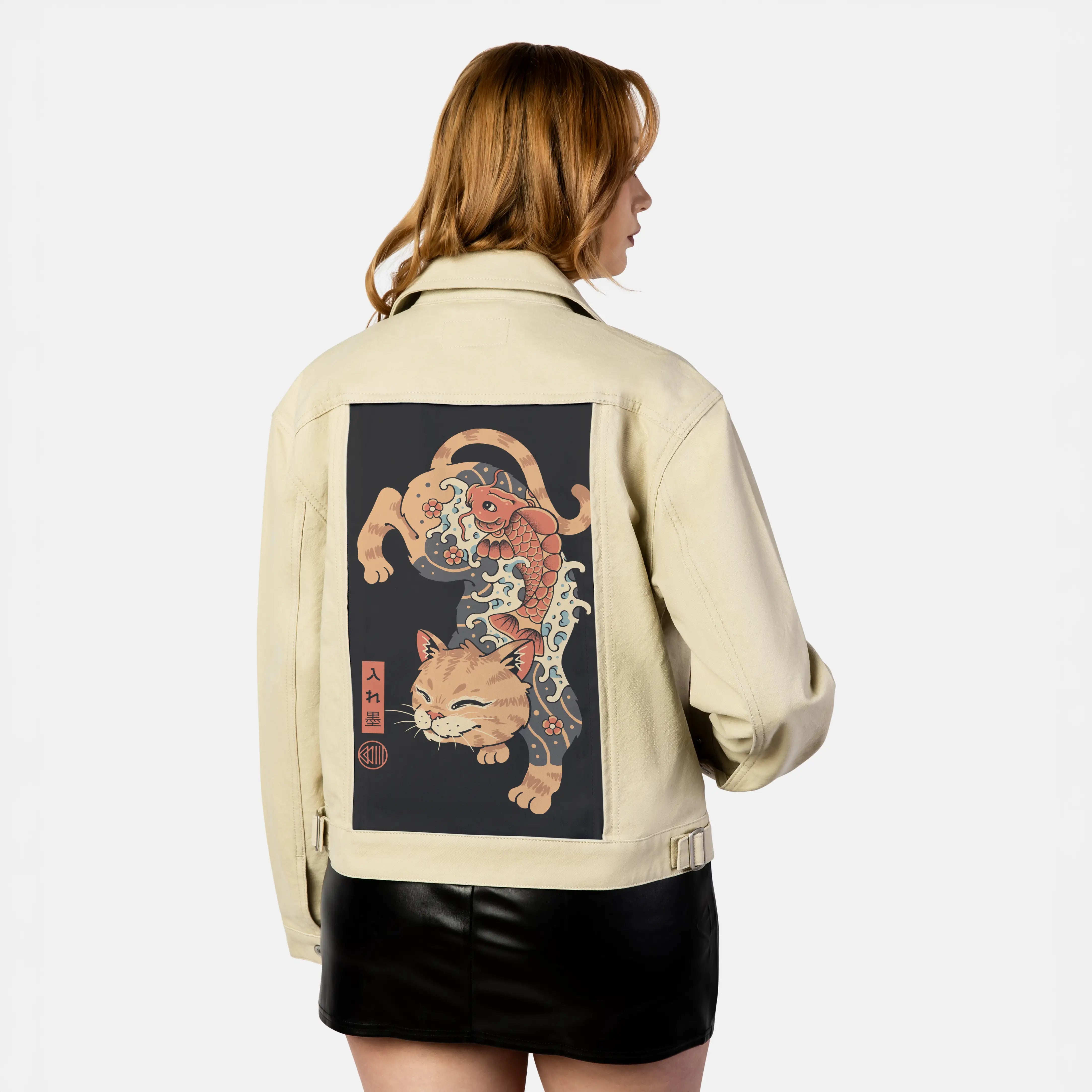 koifishcat patch on female atelier canvas jacket in tan