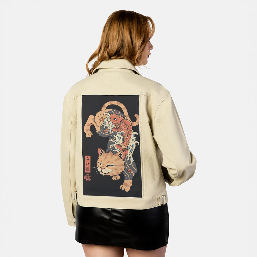 koifishcat patch on female atelier canvas jacket in tan
