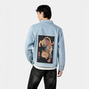 koifishcat patch on male og denim jacket in oceanside