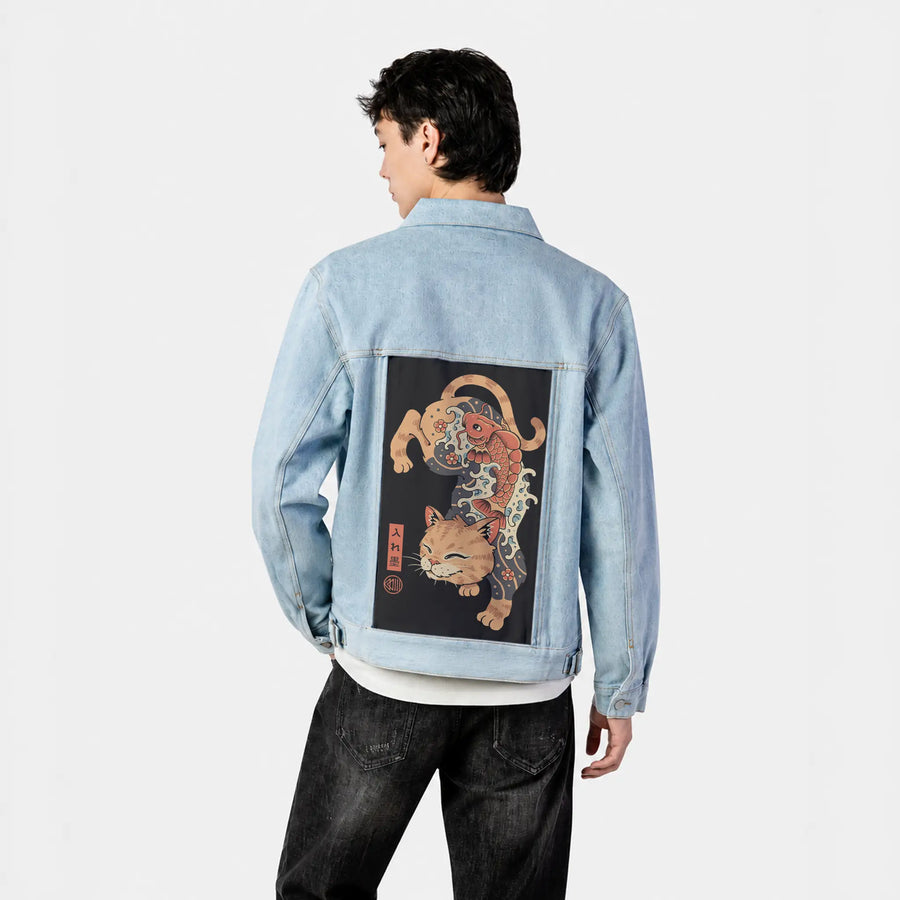 koifishcat patch on male og denim jacket in oceanside