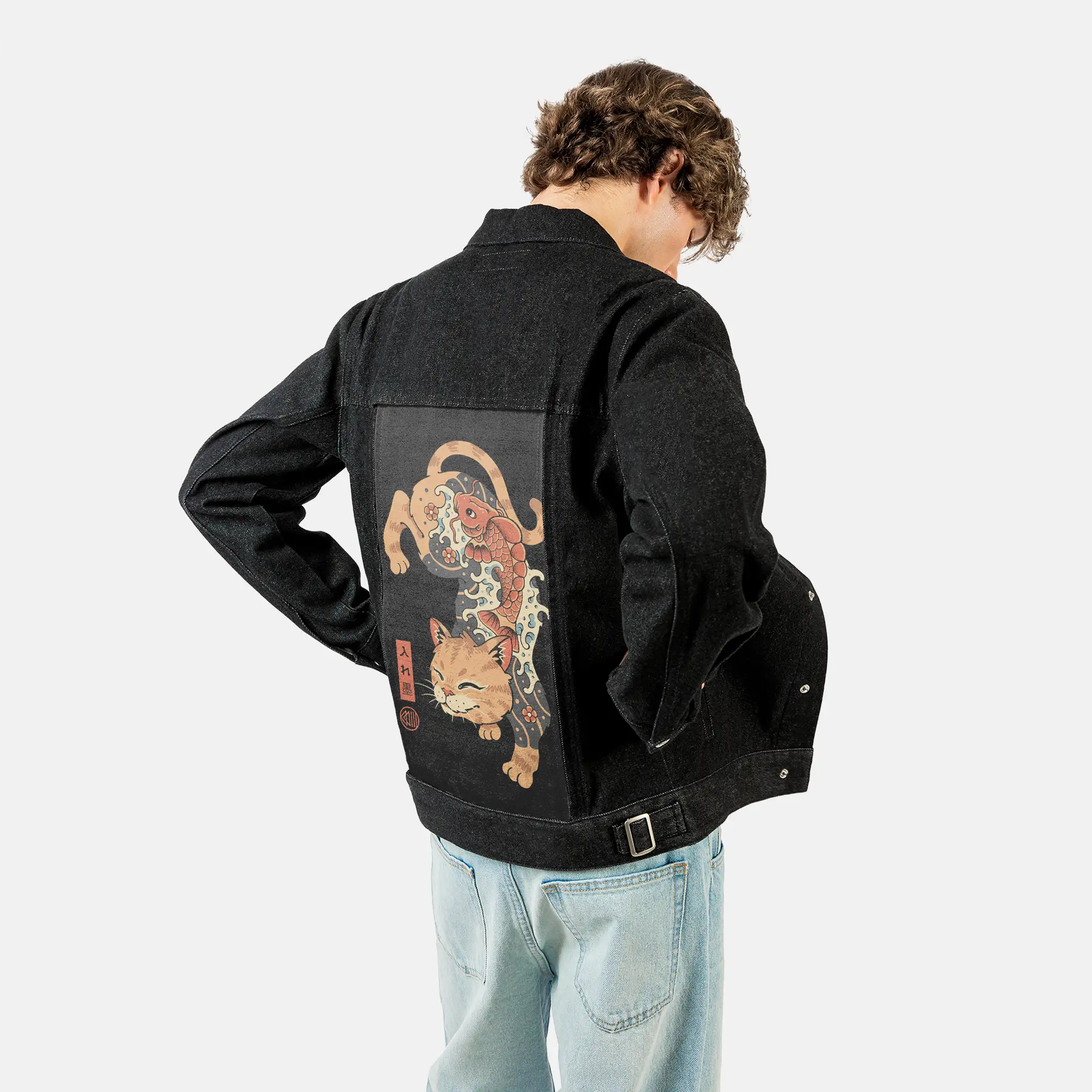 koifishcat patch on male og denim jacket in raven