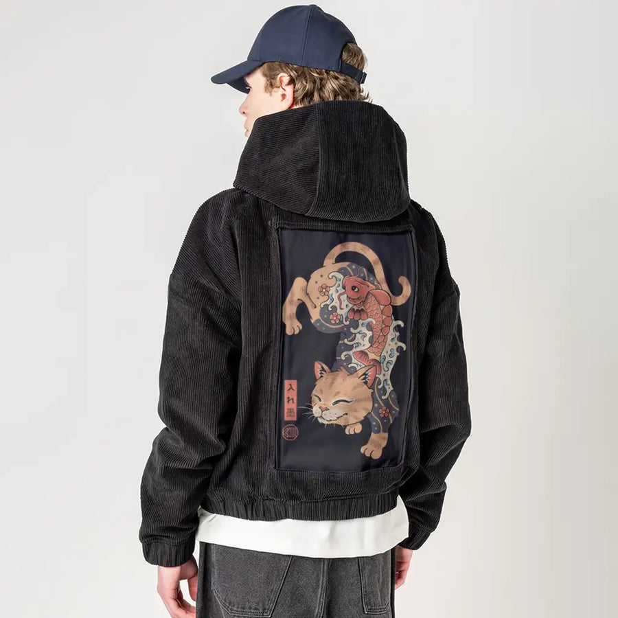 koifishcat patch on male retro cord hoodie in onyx