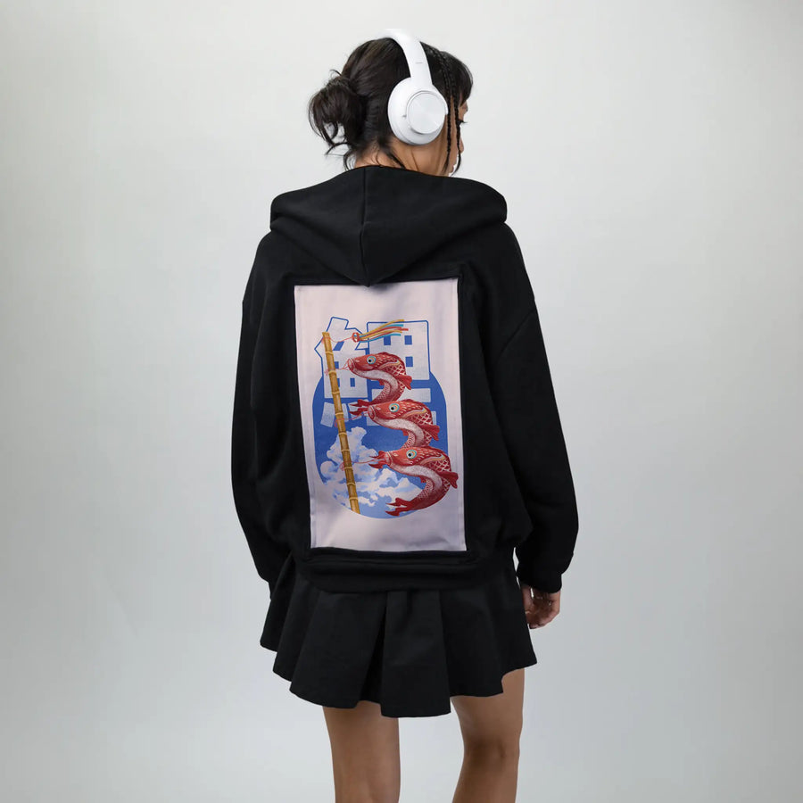 koinobori patch on female essential zip hoodie in after hours