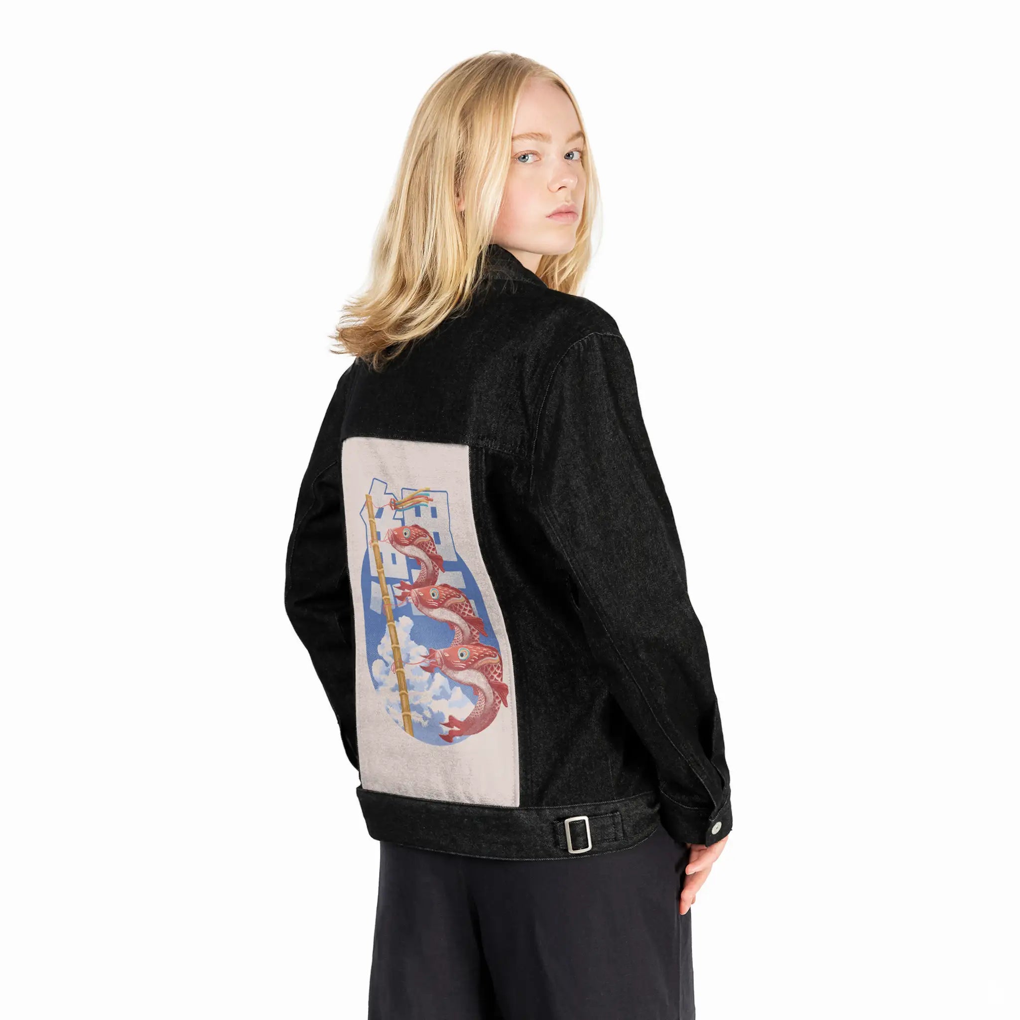 koinobori patch on female og denim jacket in raven