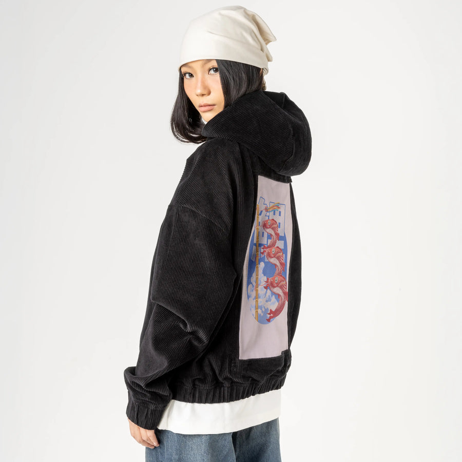 koinobori patch on female retro cord hoodie in onyx