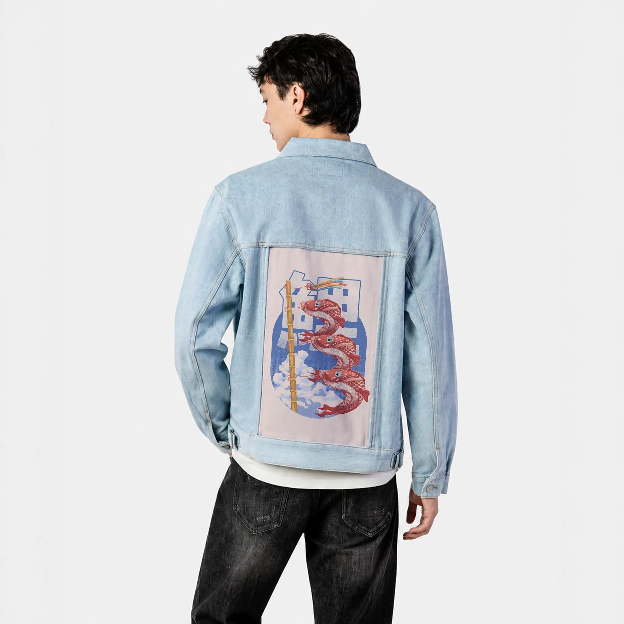 koinobori patch on male og denim jacket in oceanside