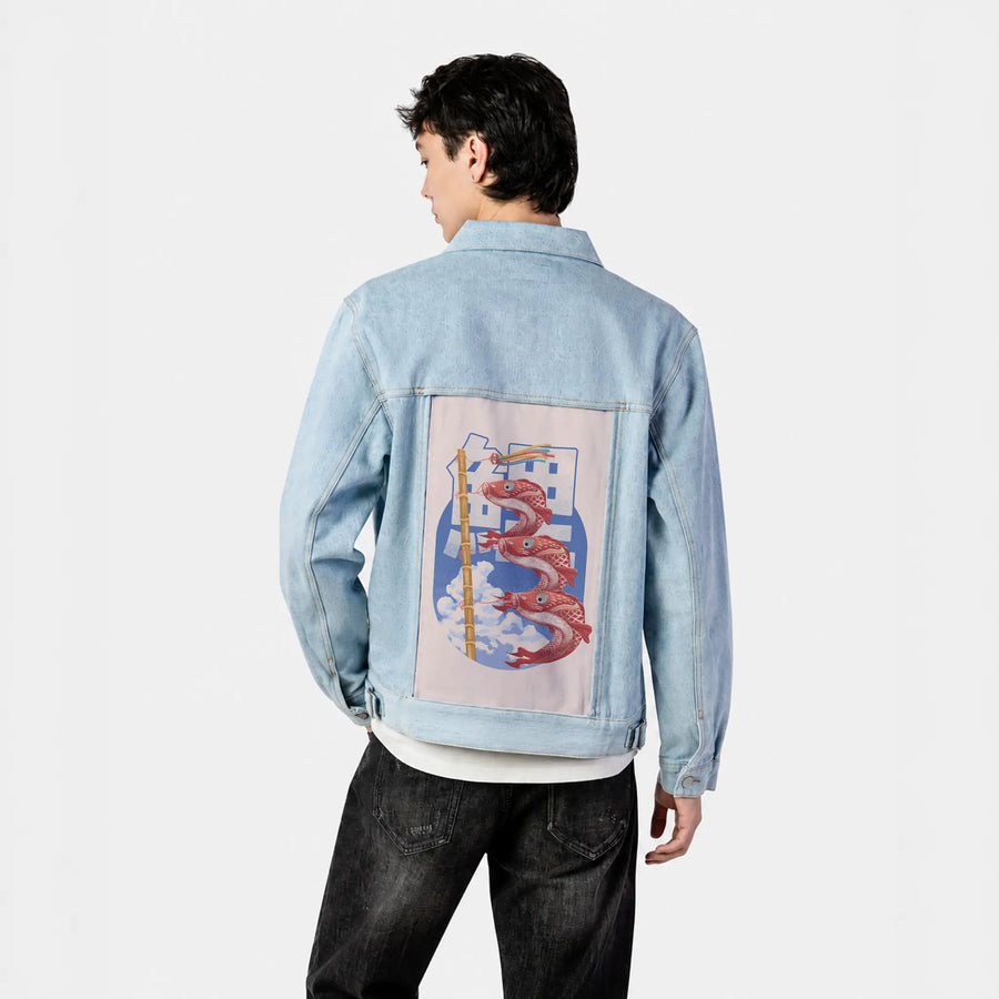 koinobori patch on male og denim jacket in oceanside