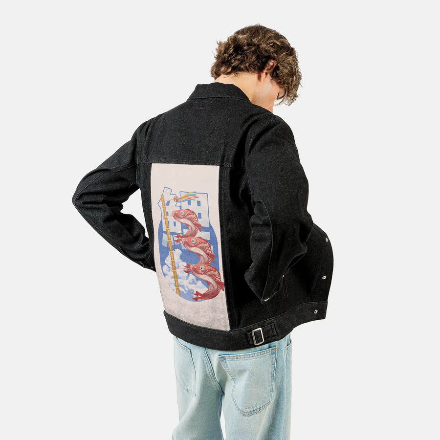 koinobori patch on male og denim jacket in raven