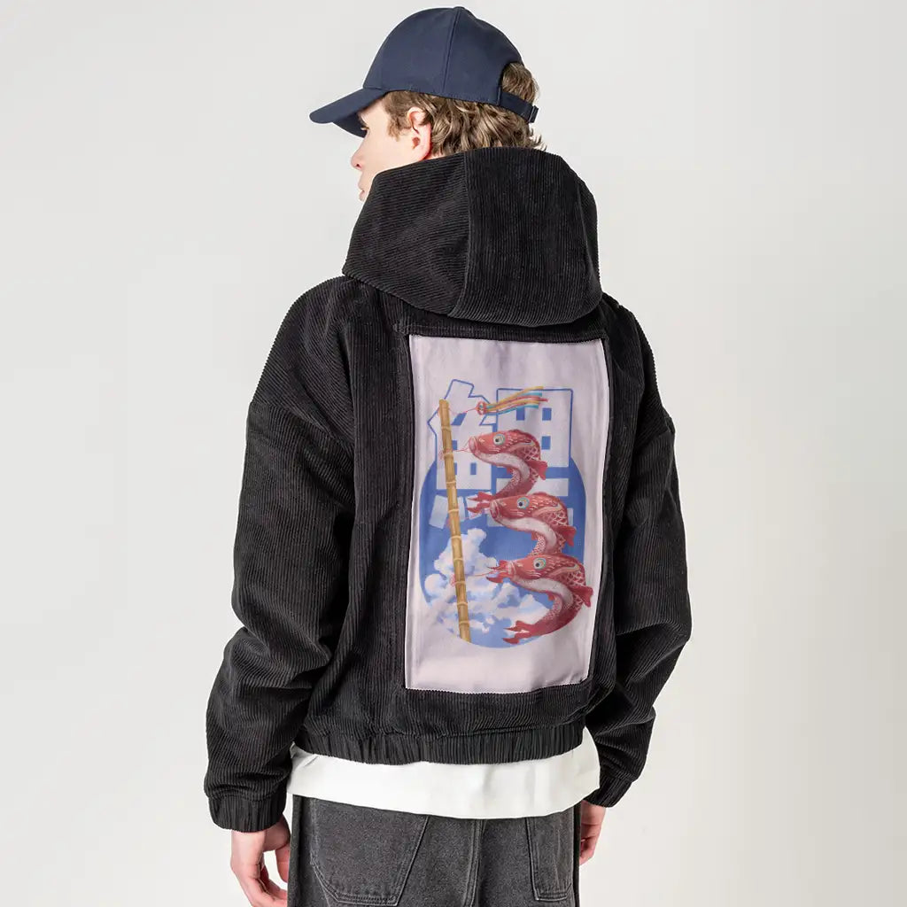 koinobori patch on male retro cord hoodie in onyx