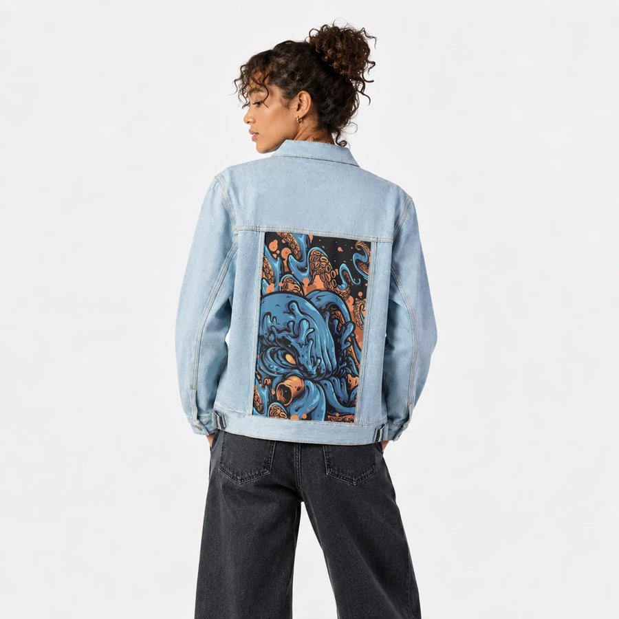 kraken patch on female og denim jacket in oceanside