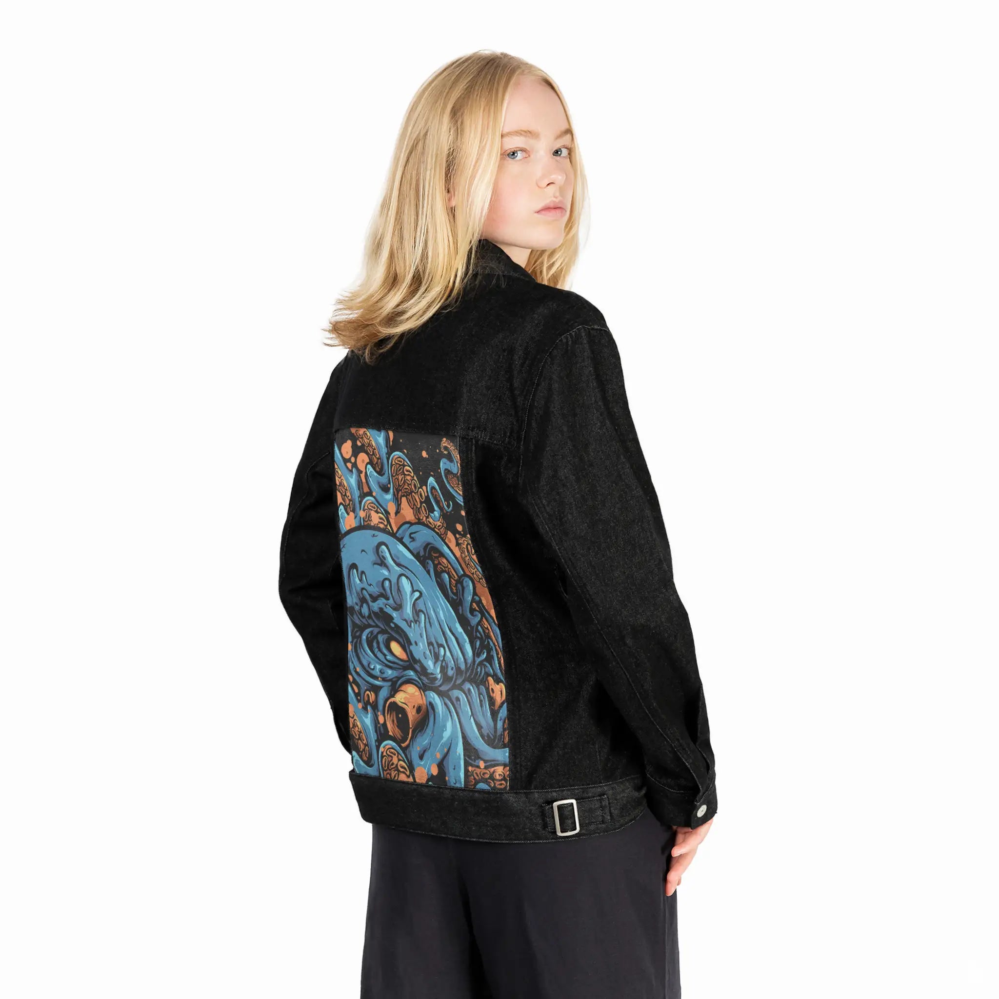 kraken patch on female og denim jacket in raven