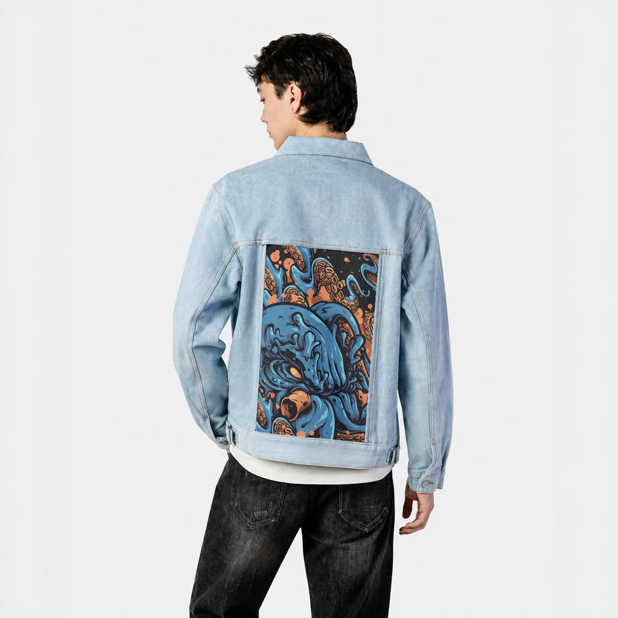 kraken patch on male og denim jacket in oceanside