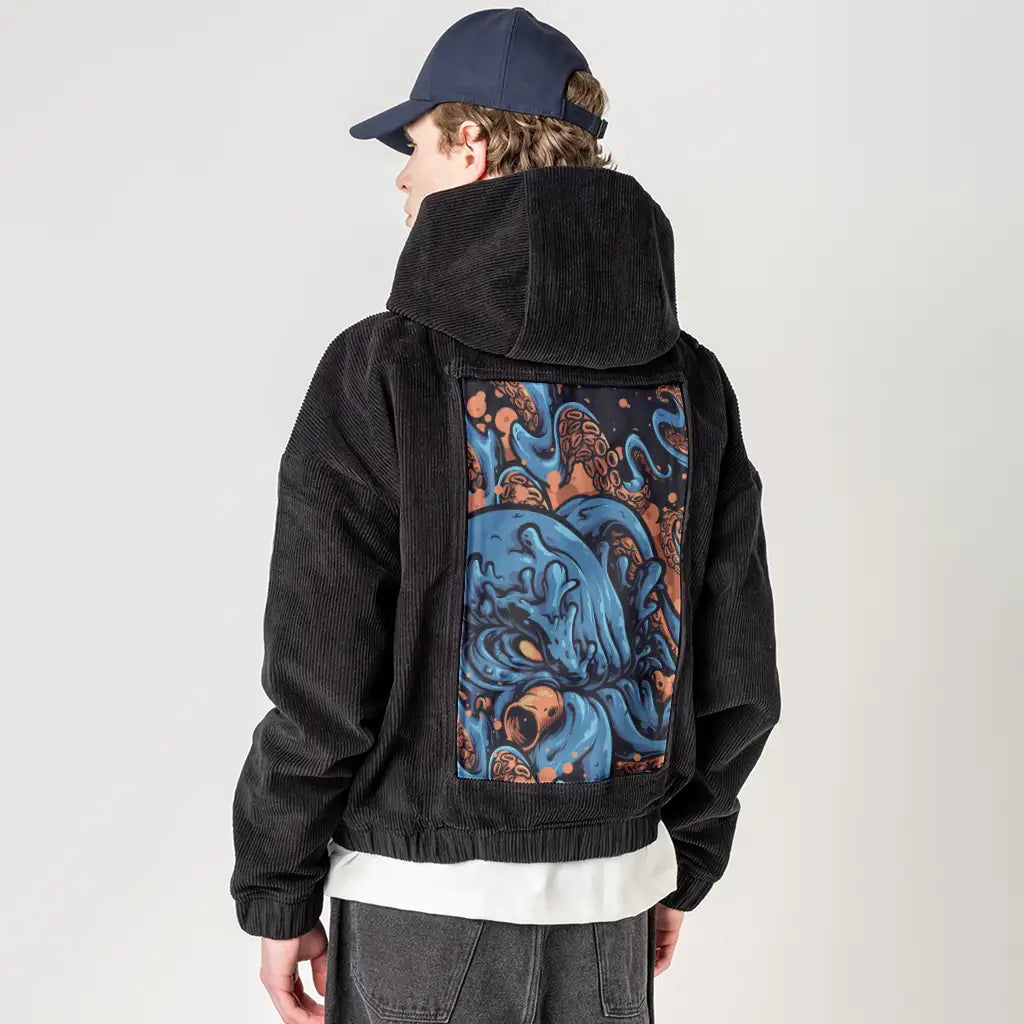kraken patch on male retro cord hoodie in onyx