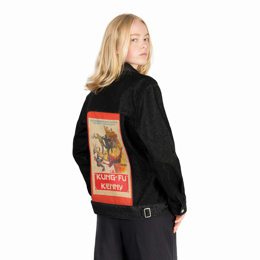kungfukenny patch on female og denim jacket in raven