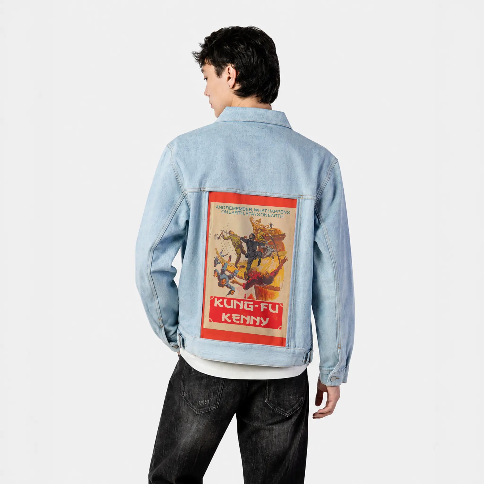 kungfukenny patch on male og denim jacket in oceanside