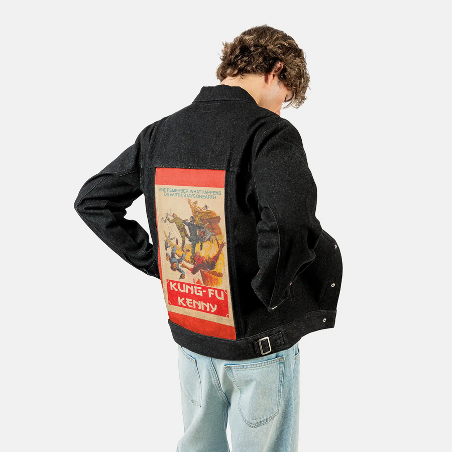 kungfukenny patch on male og denim jacket in raven