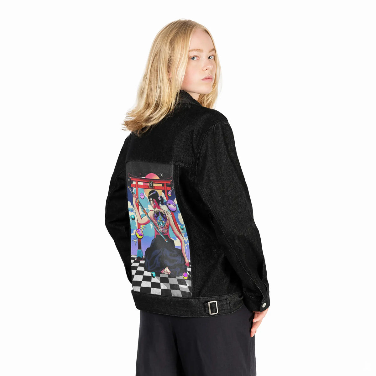 kyokiblade patch on female og denim jacket in raven