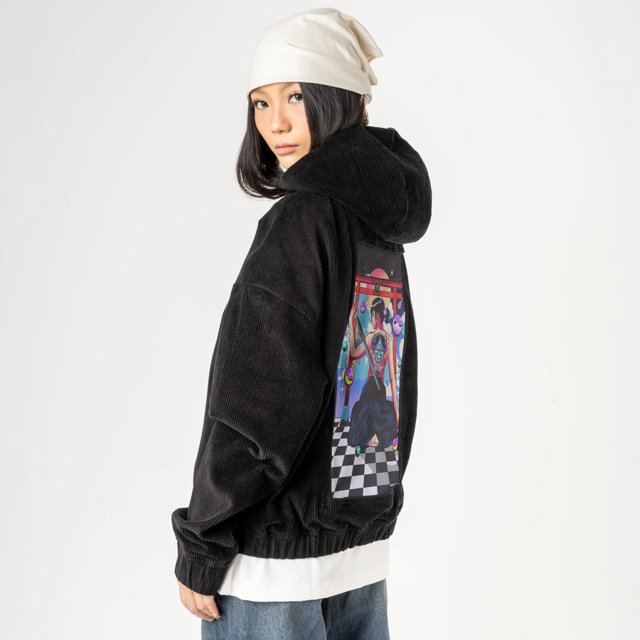 kyokiblade patch on female retro cord hoodie in onyx