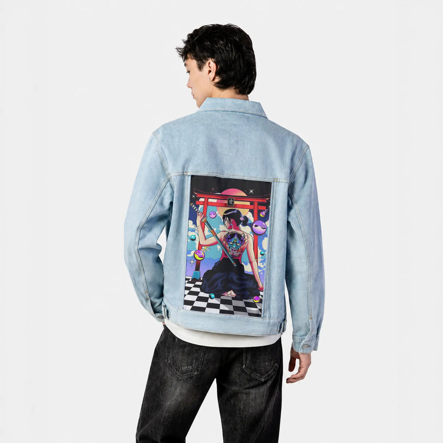 kyokiblade patch on male og denim jacket in oceanside
