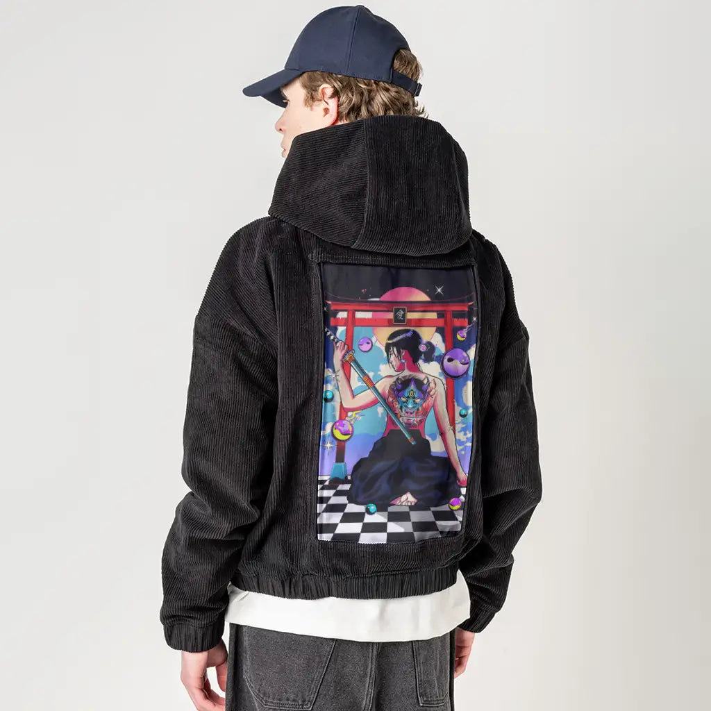 kyokiblade patch on male retro cord hoodie in onyx