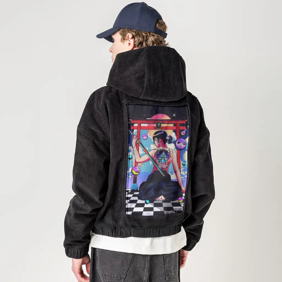 kyokiblade patch on male retro cord hoodie in onyx