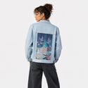 ladyofthelake patch on female og denim jacket in oceanside