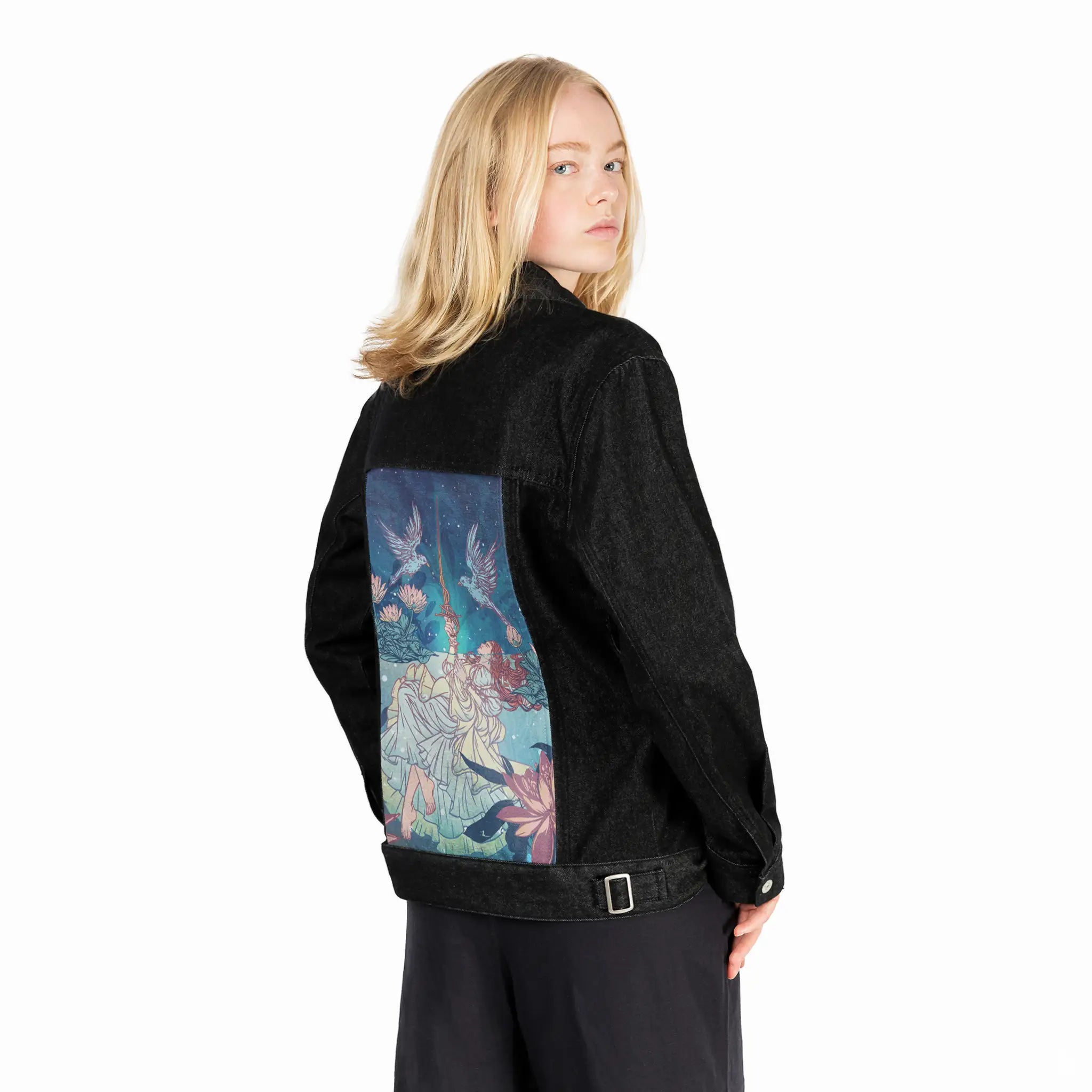 ladyofthelake patch on female og denim jacket in raven